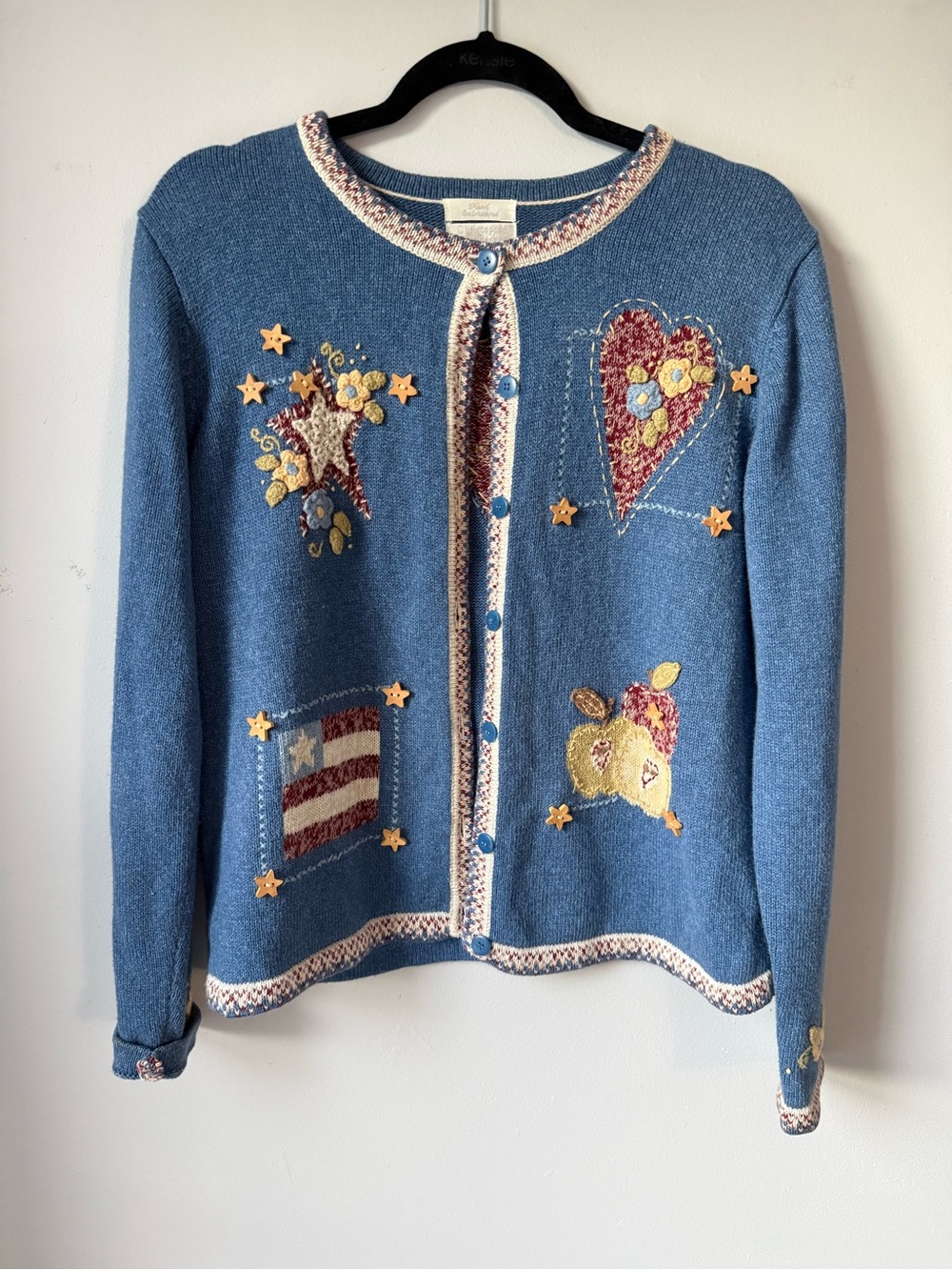 VTG Grandma Sweater Cardigan Stars Striped USA Apples Hearts Cottage Core Size M
